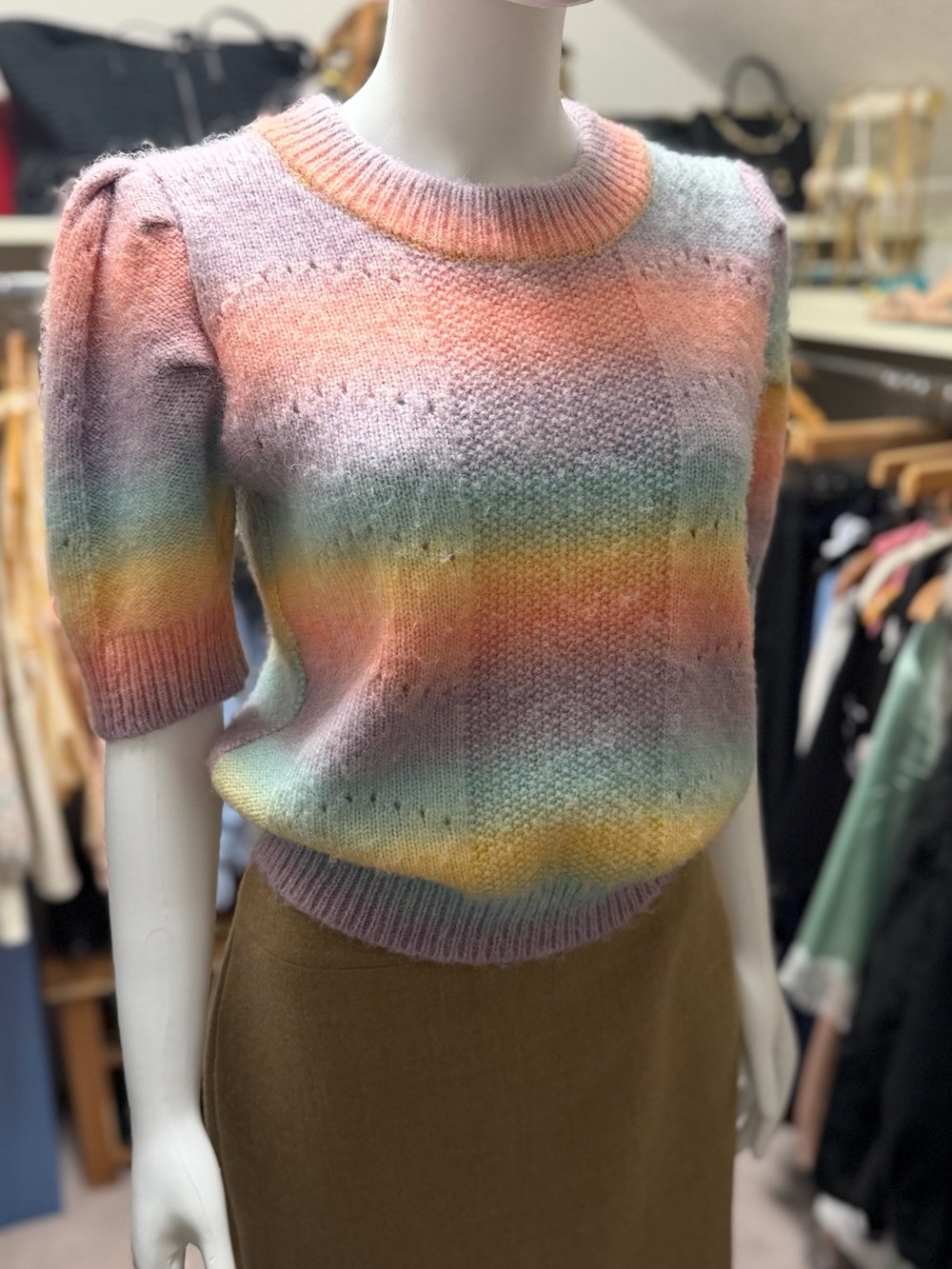 English Factory Pastel Striped Puff-Sleeve Crewneck Sweater